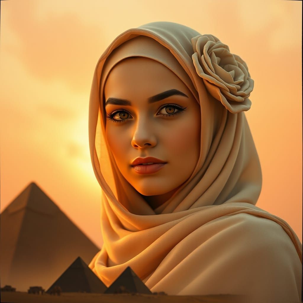 Elegant Woman Amidst Ancient Egyptian Landmarks in a Dreamy,...
