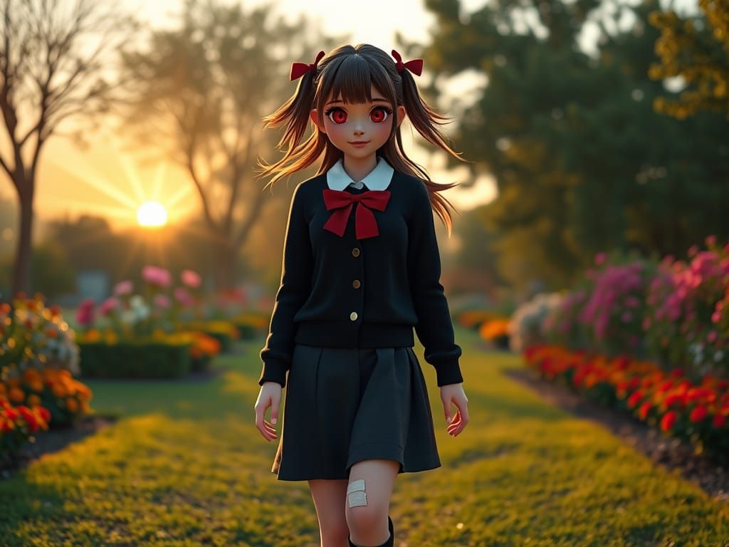 Red-Eyed Woman in Playground Garden, 3D Digital Art