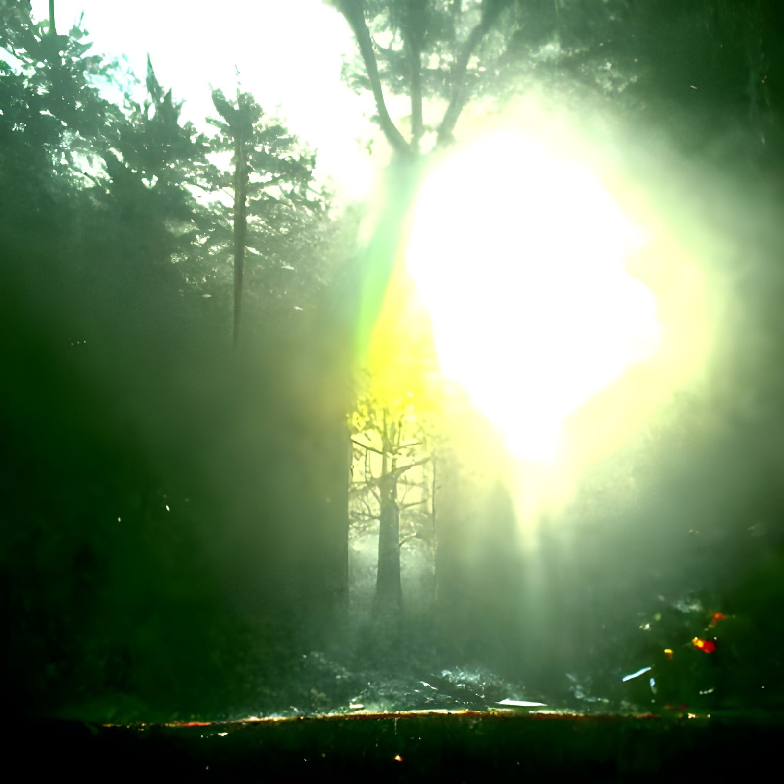 Sunbeam Illuminates Foggy Forest