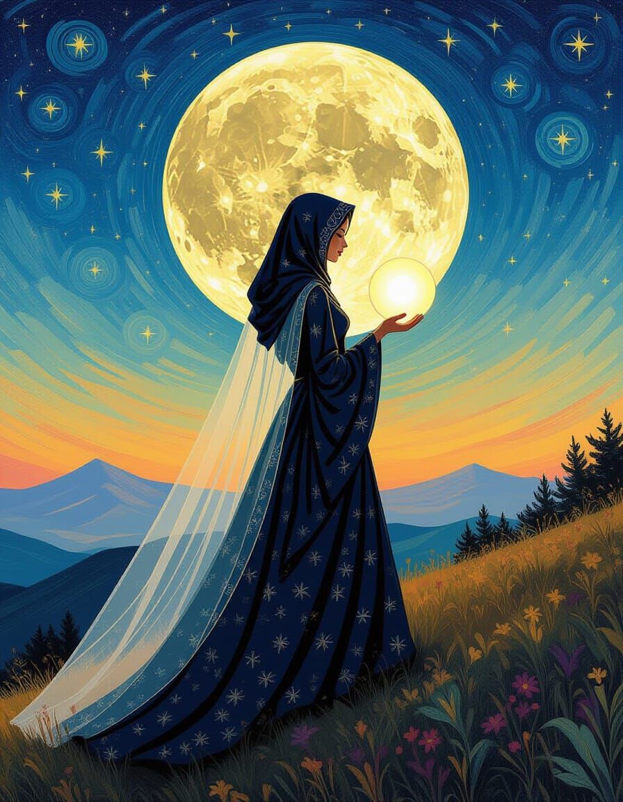 Woman in Star Gown with Moon Orb, Van Gogh Style