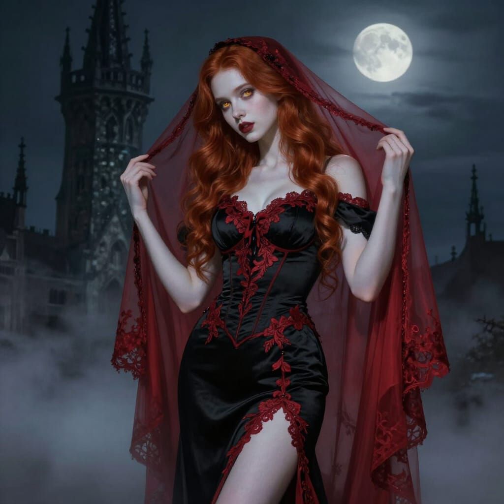 Gothic Romance: Woman in Crimson Gown by Moonlight
