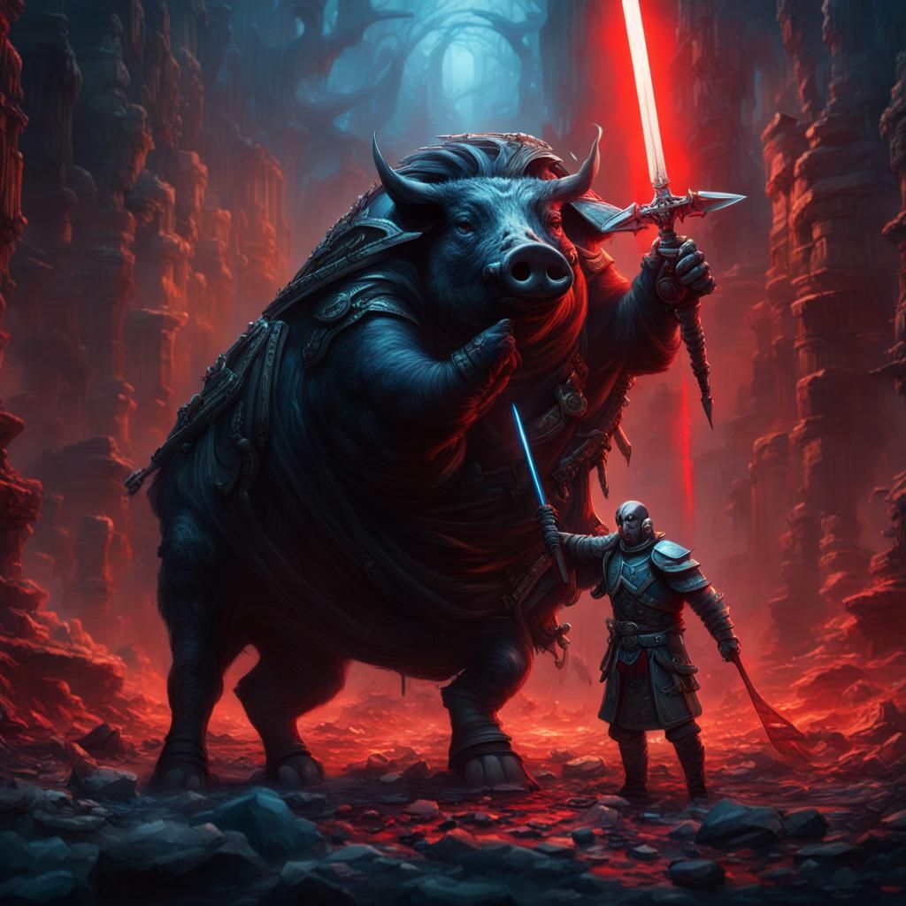 A human with a black pig's head is holding a red light sword...
