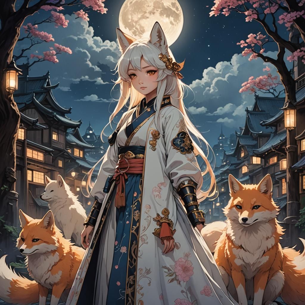 Kitsune in Kawaii Style Under Moonlight