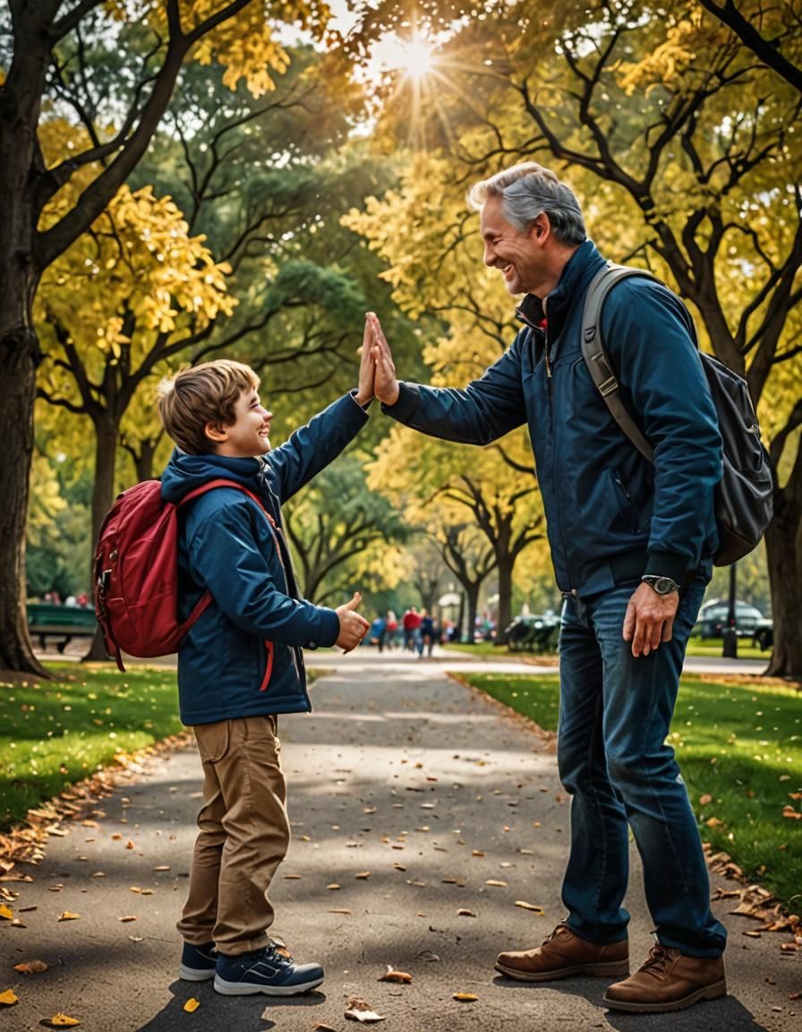 Father and Son High-Five: Hyperrealistic Park Scene