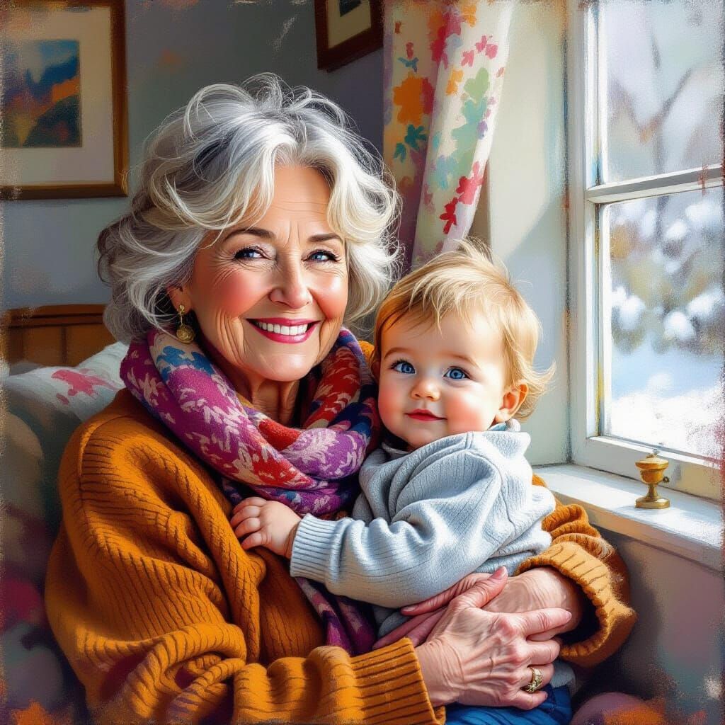 Joyful Grandma Holds Grandson: Expressive Polychromatic Art