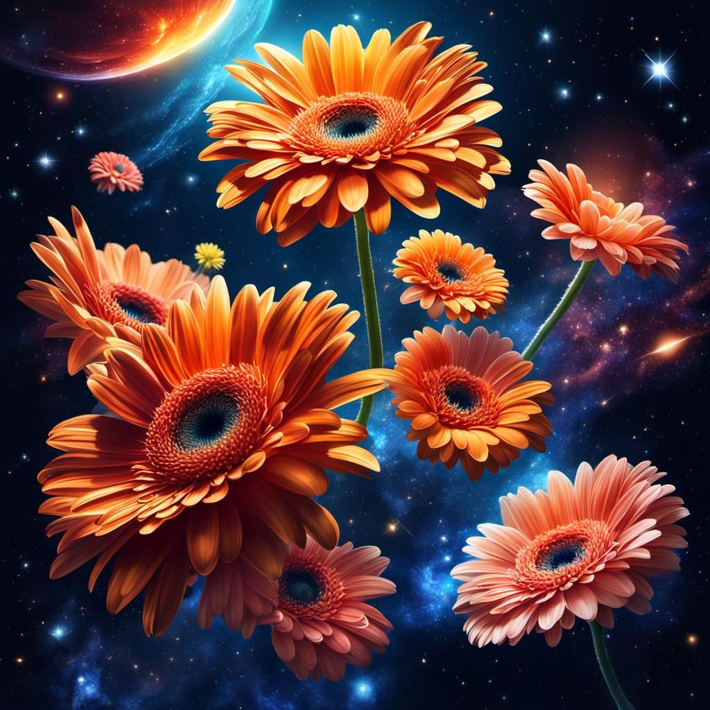 Gerberas in Space: Hyperrealistic Splash Art
