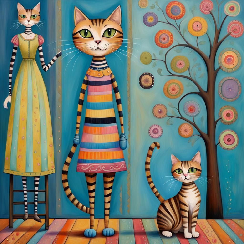 Whimsical Folk Art: Cat and Lady in Vivid Colors