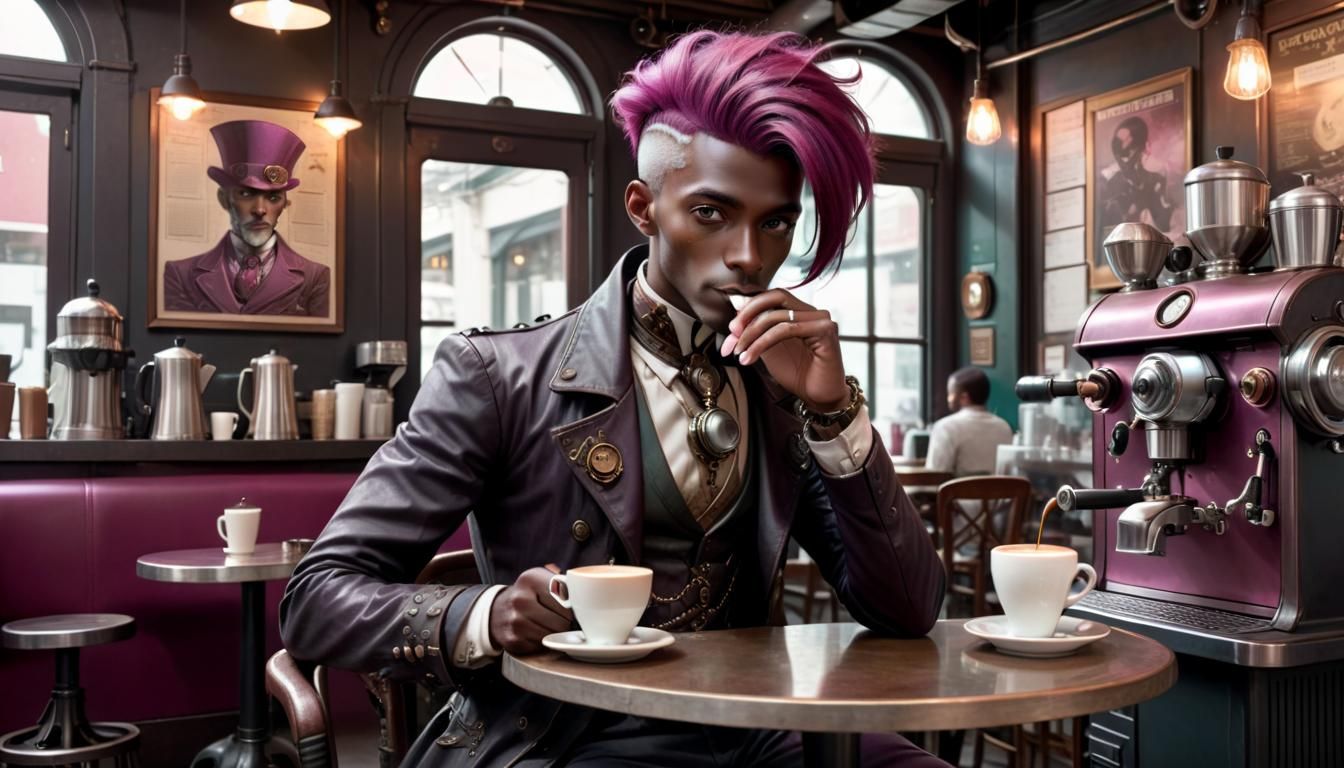 Steampunk Cafe Scene with Magenta-Haired Observer