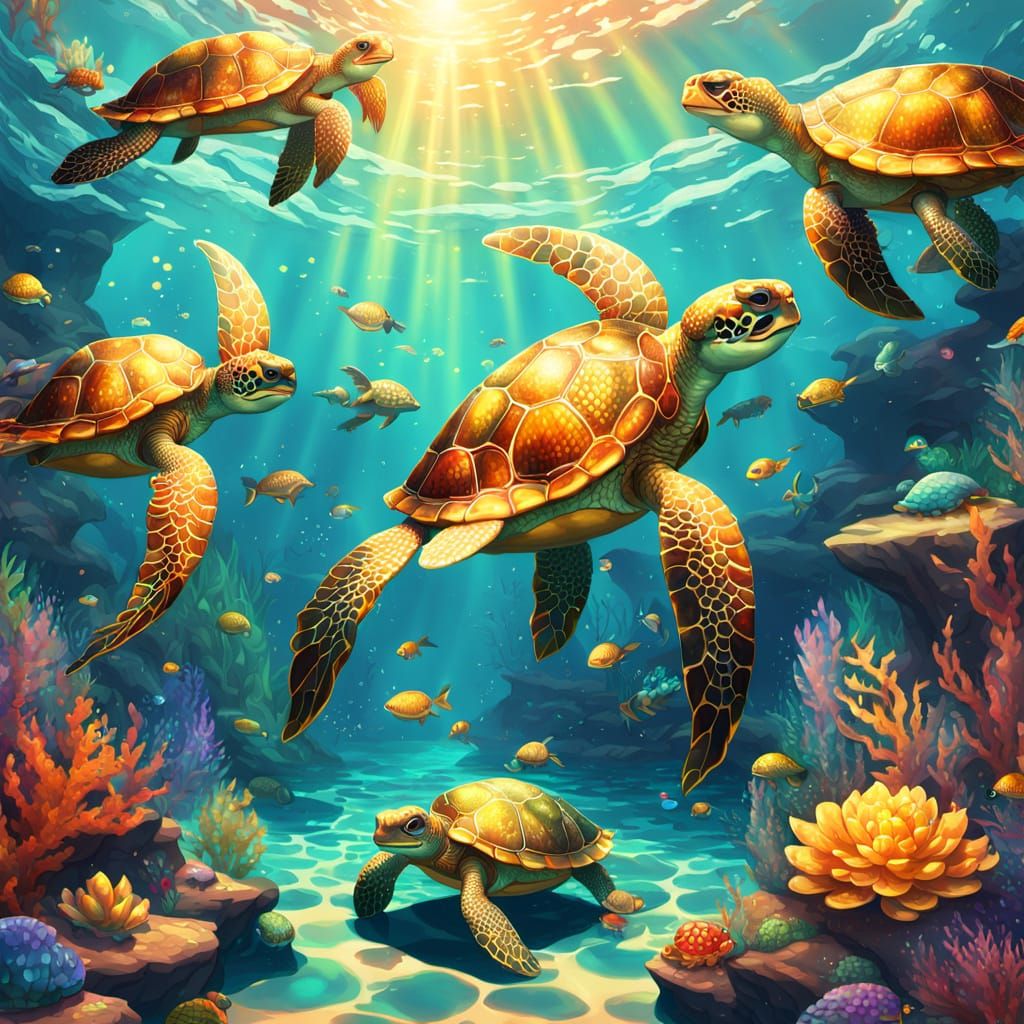 Mermaids and Turtles in Vibrant Anime Underwater Scene