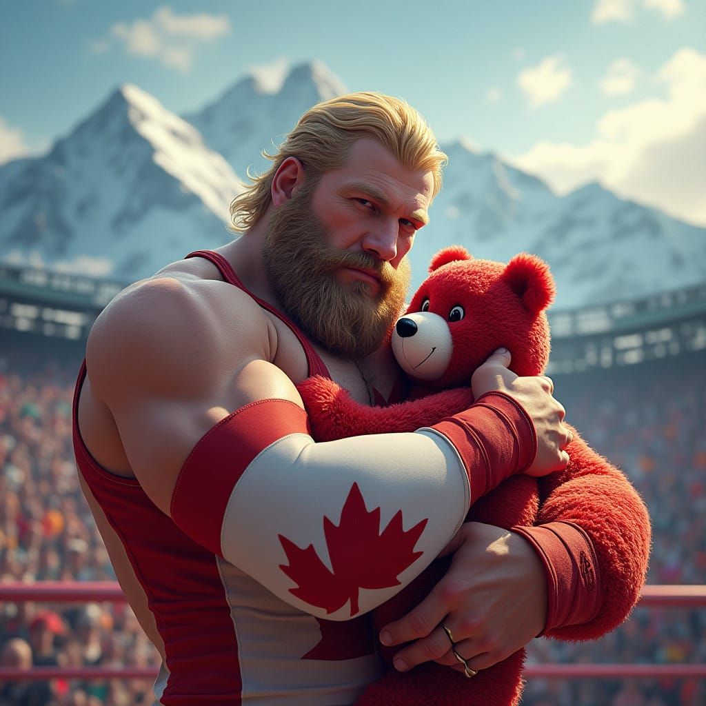 Blond Wrestler Cradles Care Bear in Canadian Outfit Against....