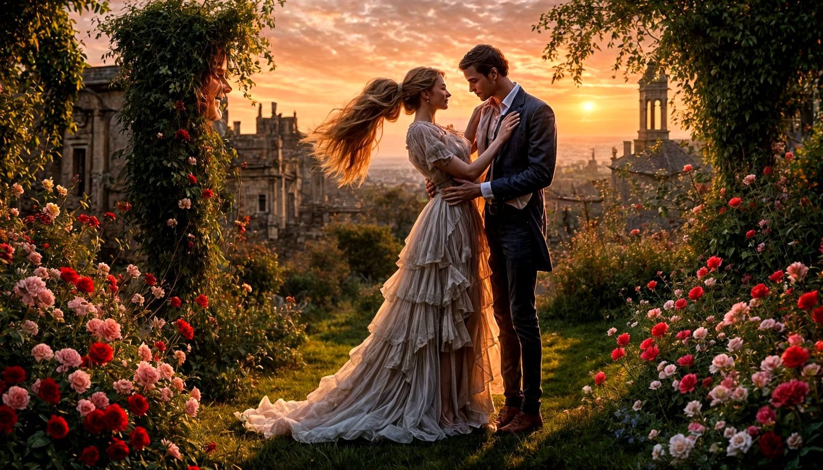 Romantic Surrealism: Lovers Embracing Among Tall Ships