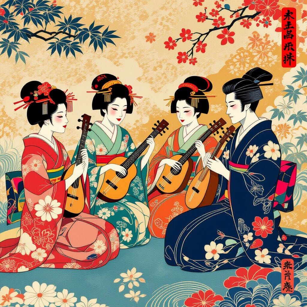 Japanese Villagers' Musical Performance in Ukiyo-e Style