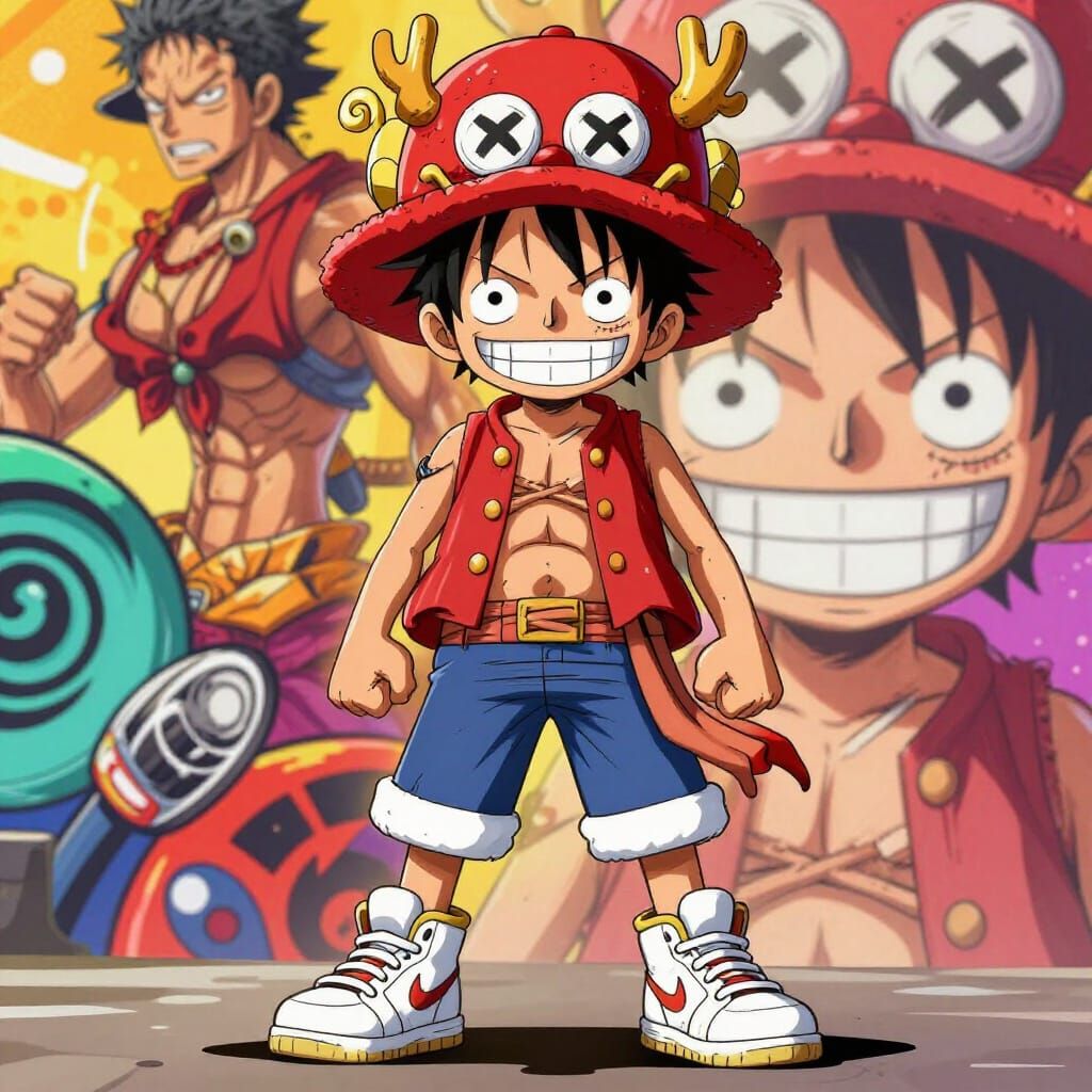 Luffy in Dragon Hat and Jordans with Anime Style
