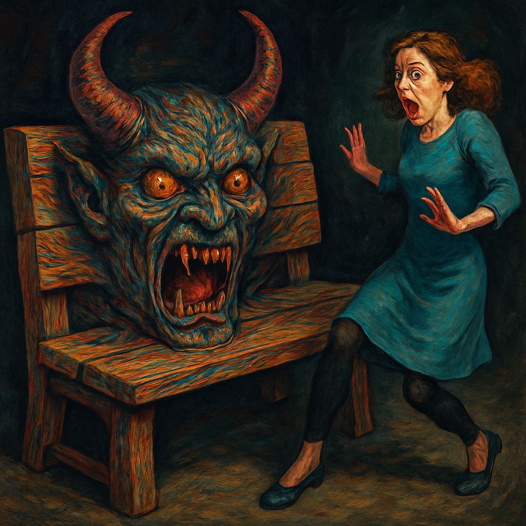 Terrifying Demon Emerges from Wooden Bench