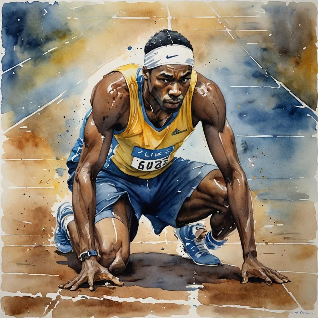 Athlete at Starting Line in Watercolor Painting