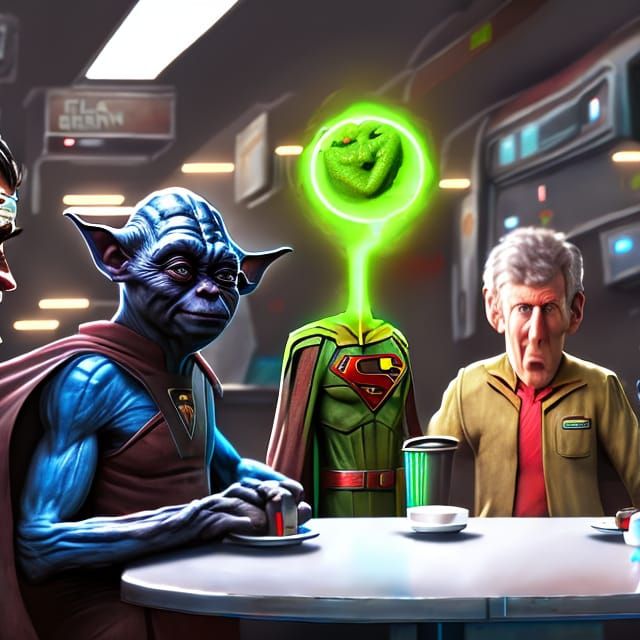 Yoda, Superman, and Doctor Who in Alien Diner