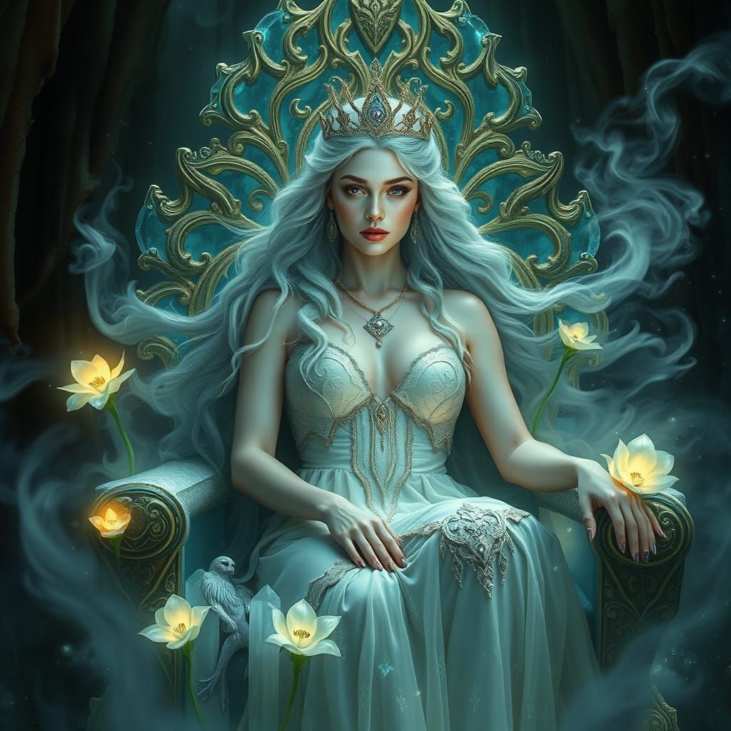 Fae Queen on Crystal Throne in Ethereal Realm