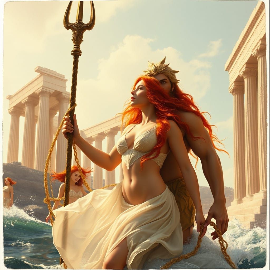 Majestic Poseidon Captures a Red-Haired Maiden in a Golden N...