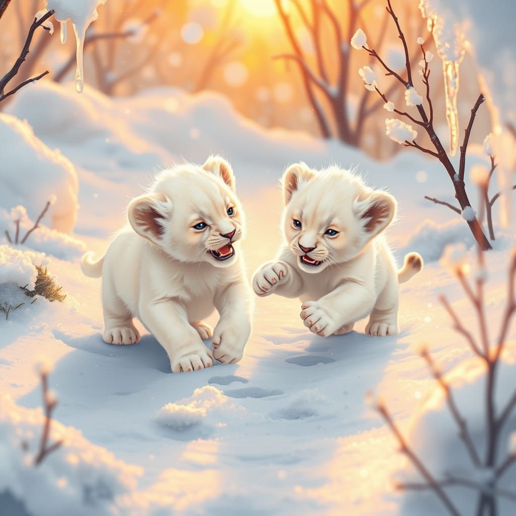 Albino Lion Cubs Play in Winter Wonderland