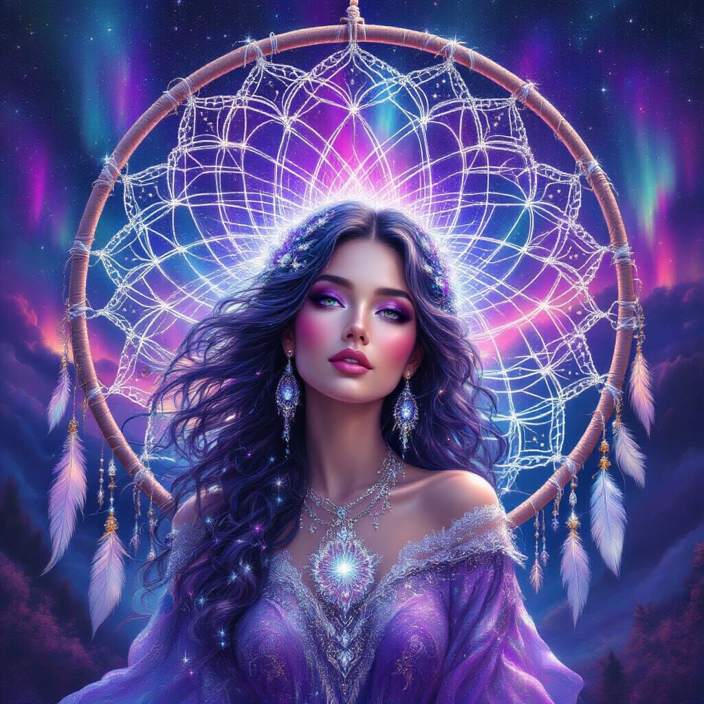Cosmic Woman with Dreamcatcher in Aurora Sky