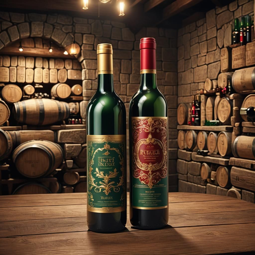 Luxurious Wine Bottle in Cozy Wine Cellar Captured in Golden...