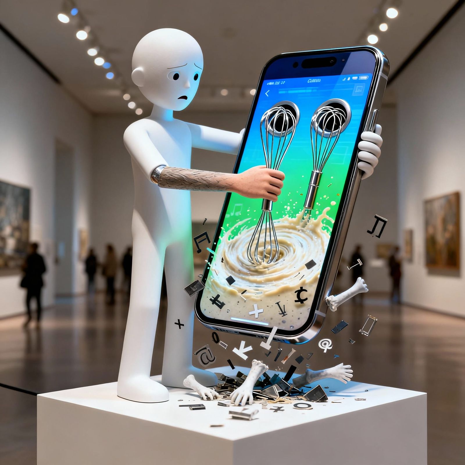 Surreal Museum Scene: Figure Holds Phone with Whisk Eyes