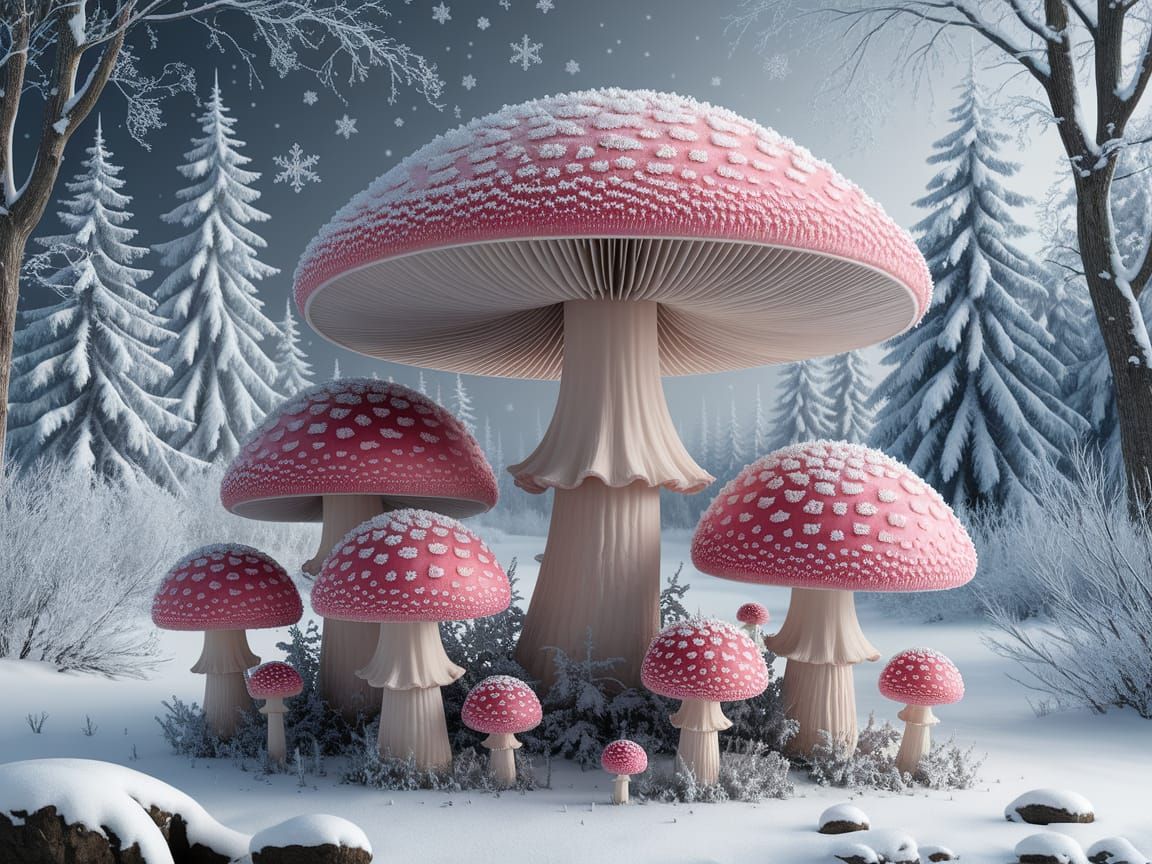 Whimsical Winter Wonderland of Pink Mushrooms