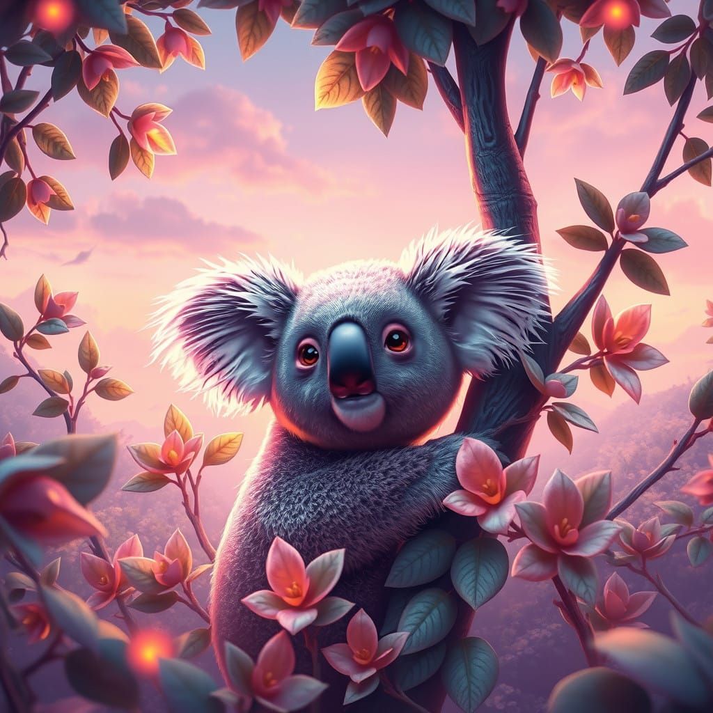 Dreamy Koala amidst Lush Eucalyptus and Whispers of Wonder