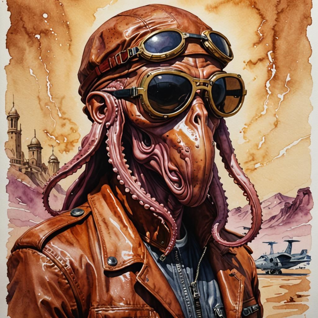 Squid Racer in Leather, Watercolor Painting