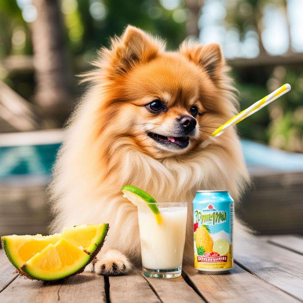 Pomeranian Sipping a Piña Colada