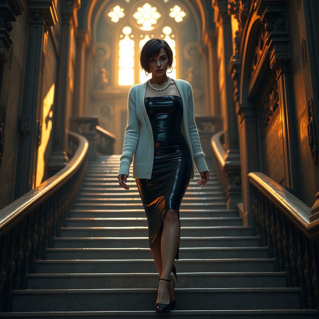 Mystical Woman Ascends Ancient Staircase in Hyper-Realistic ...