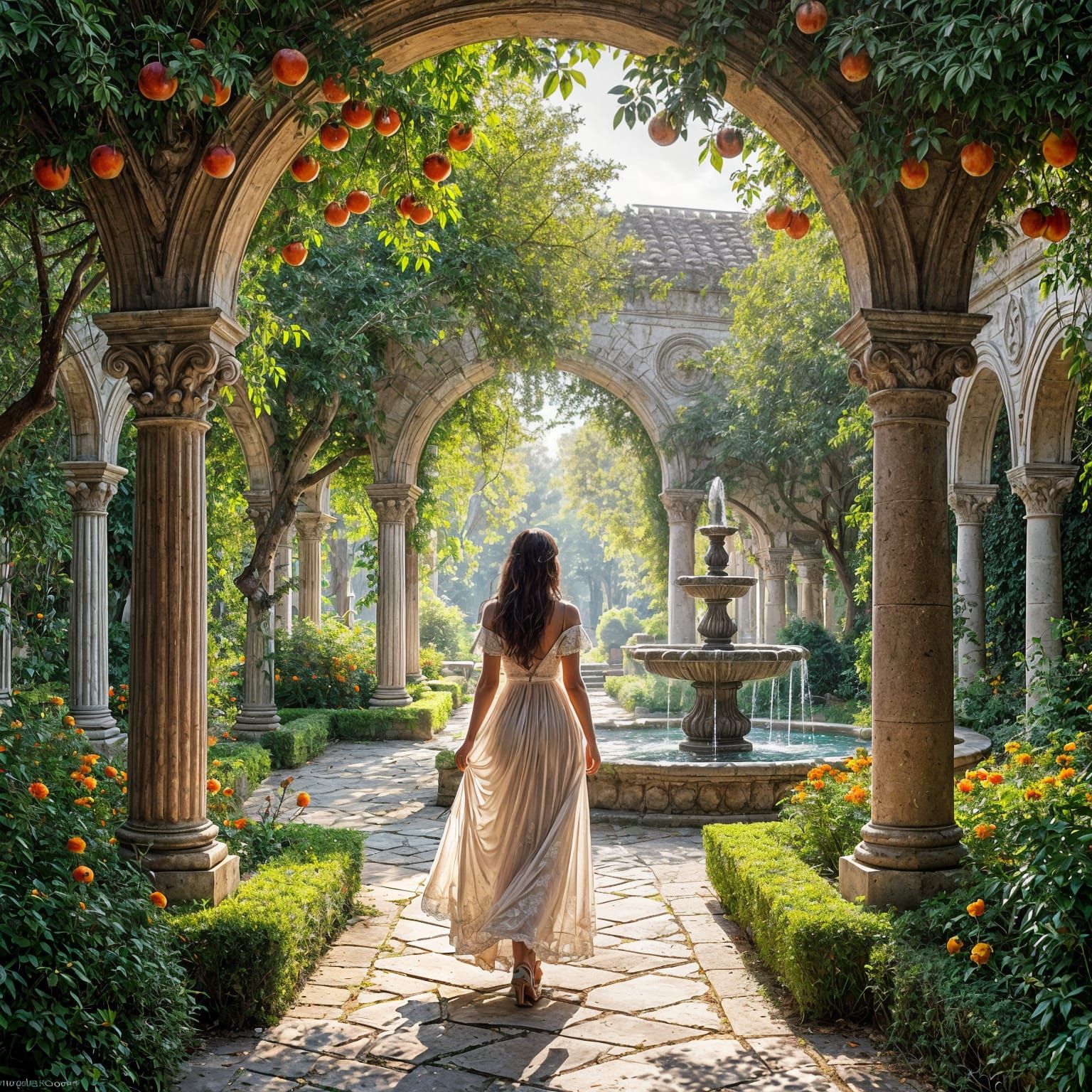 Orchard Landscape with Old-World Architecture