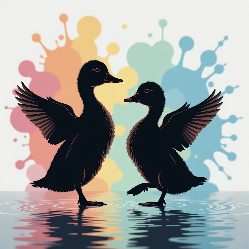 Duckling Silhouettes Dancing in Abstract Color