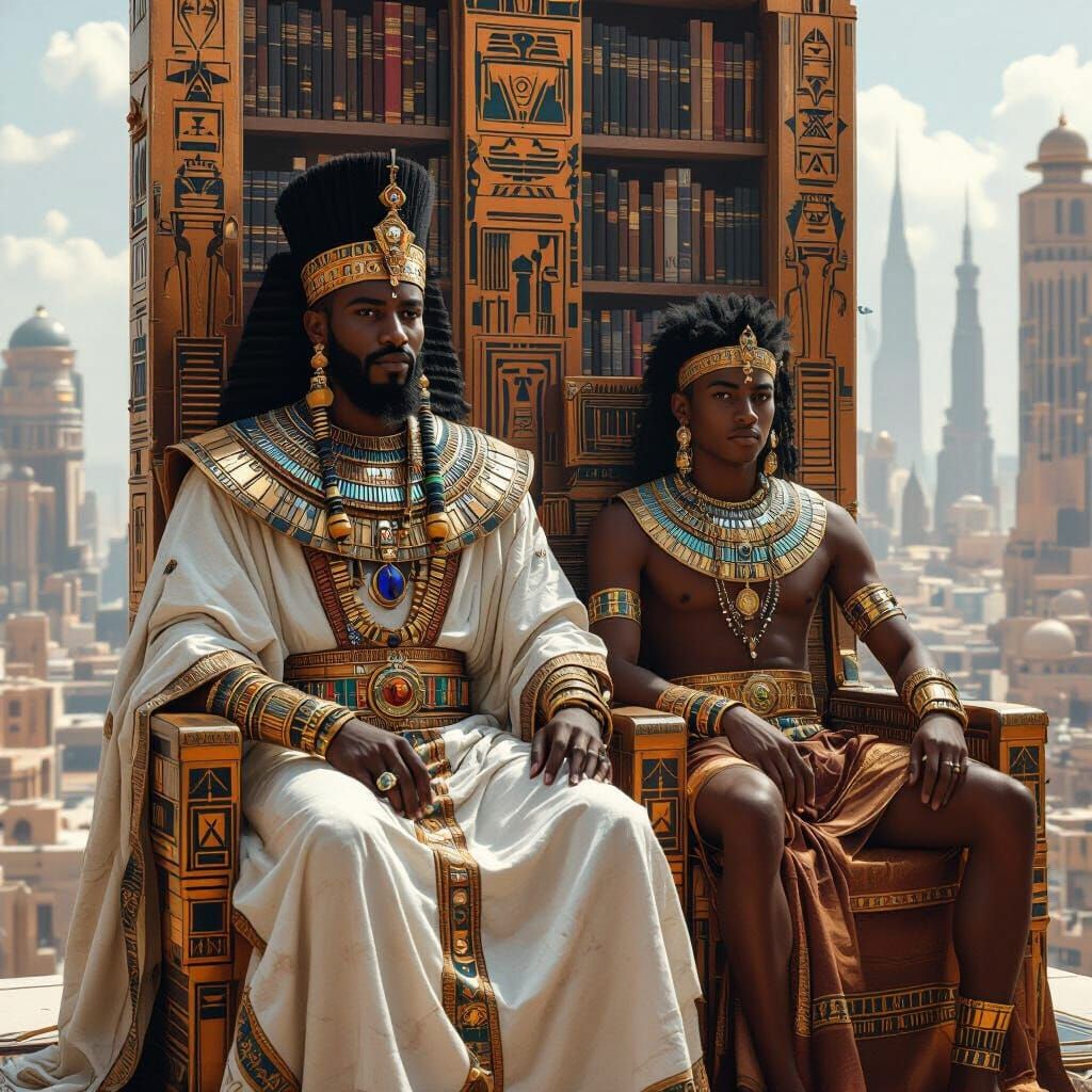 Futuristic Nubian Royalty in High-Tech Cityscape