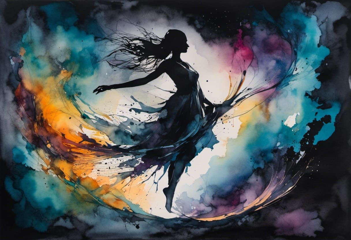Silhouette Dancer Emerges in Colorful Ink Wash Painting
