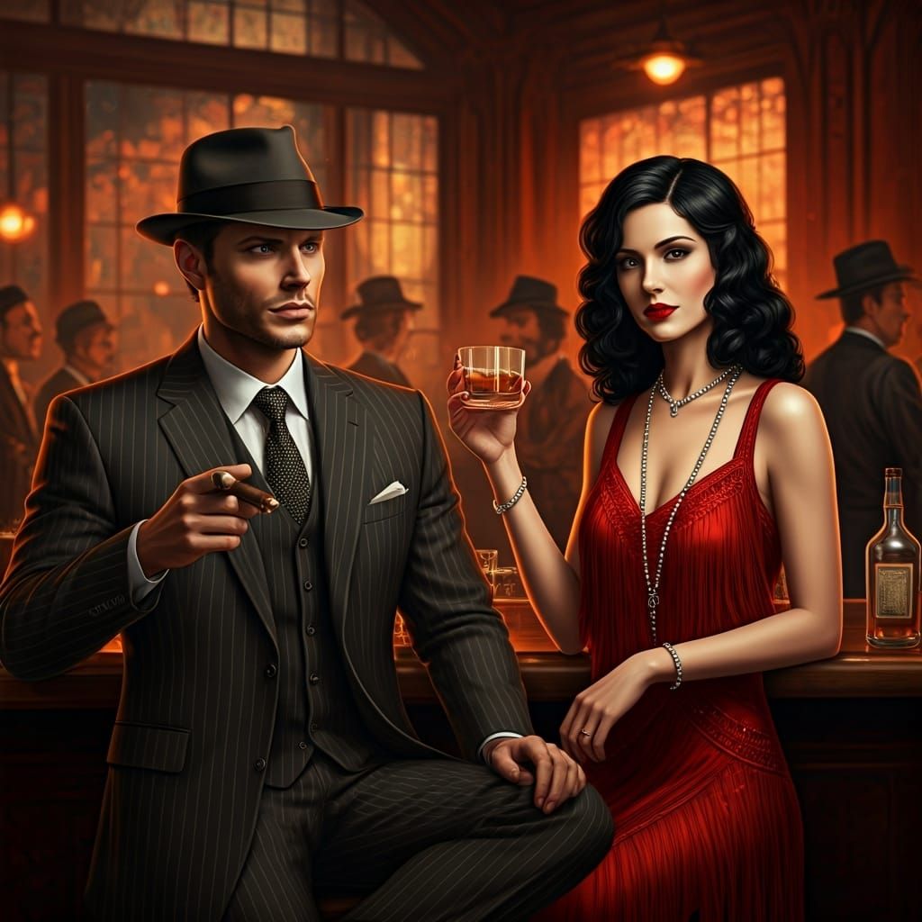 Roaring 20s Speakeasy Scene in Vintage Illustration Style