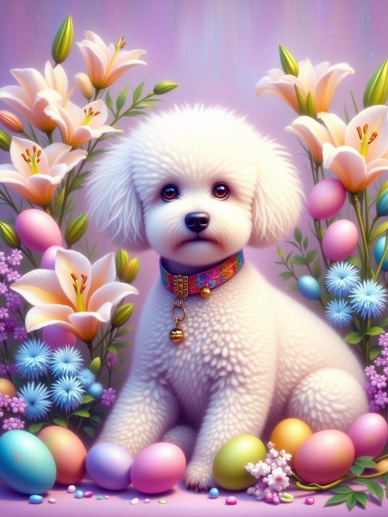 Vibrant Easter Bichon Frise in Whimsical Garden Scene