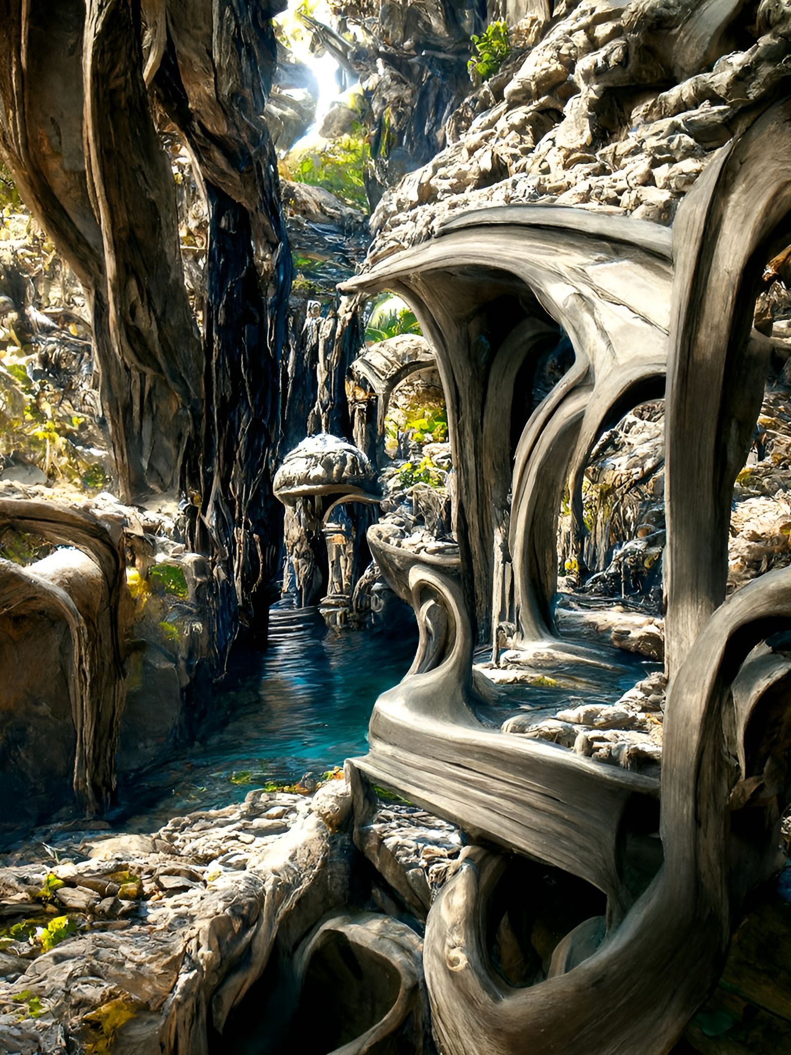 Magical Gully Stream: Detailed Fantasy Oil Painting