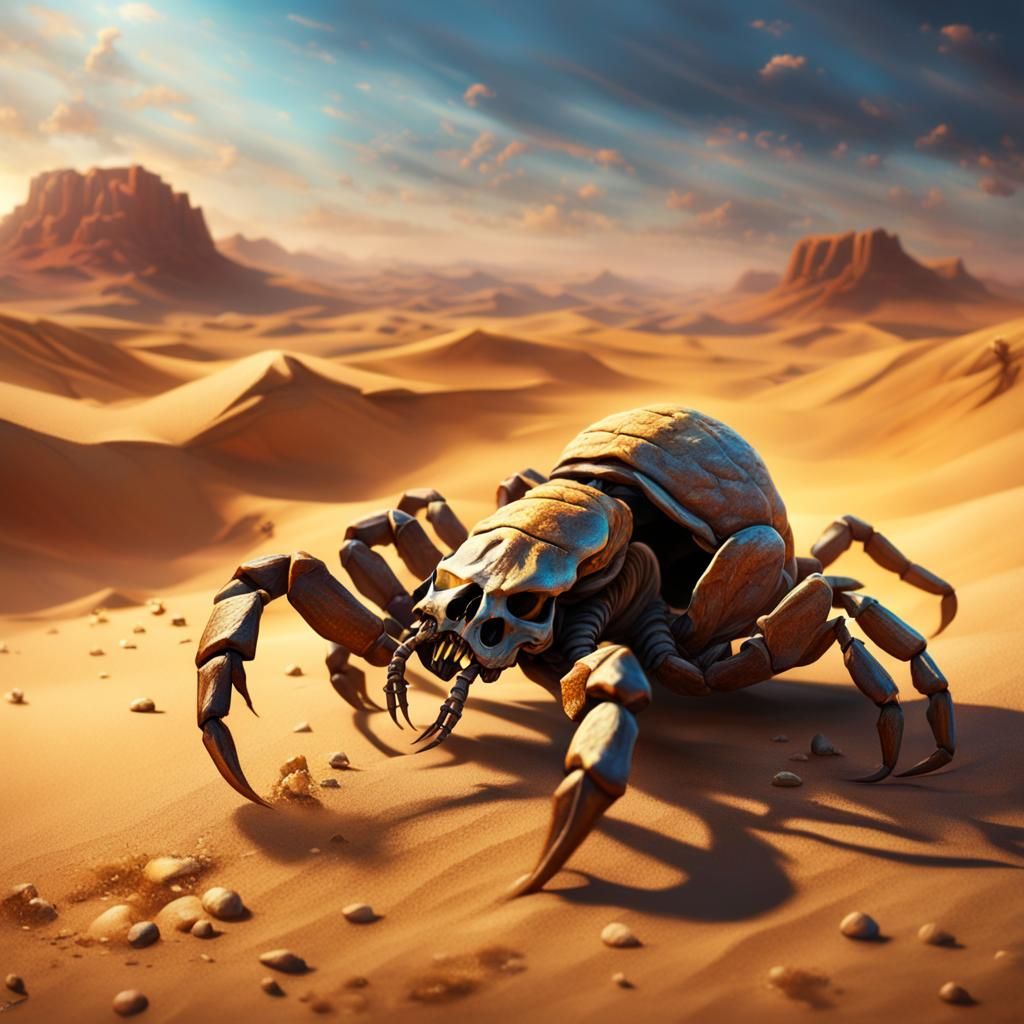 Hyperrealistic Scorpion Self-Stinging in Desert