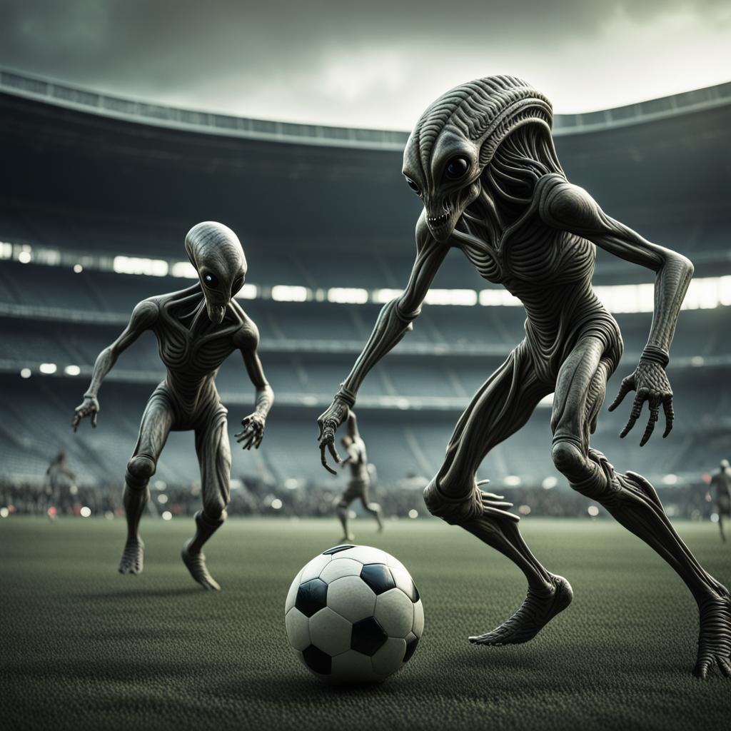 Hyperrealistic Aliens Playing Soccer in Stadium