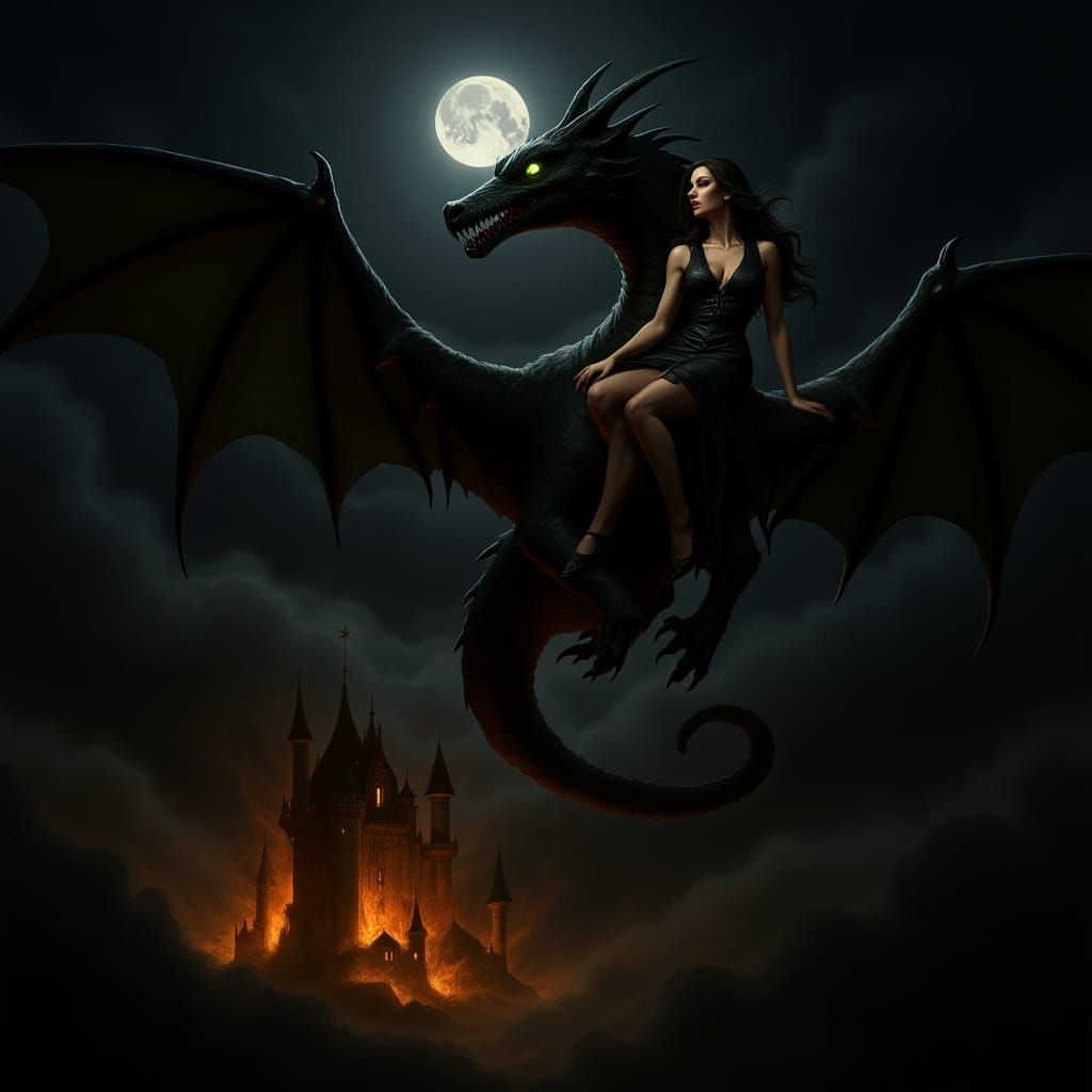 Dragon and Woman Over Fiery Castle Under Moonlit Fog