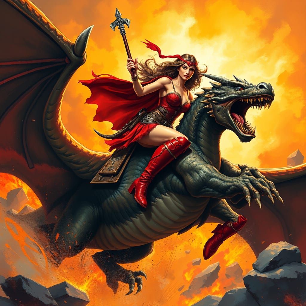 Warrior Princess Rides Dragon in Fiery Fantasy Art