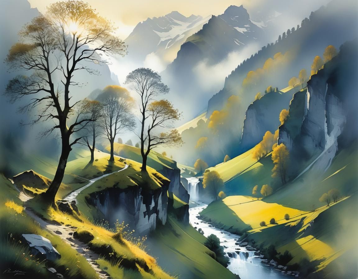 Bernese Oberland Gorge at Dusk in Watercolor Style