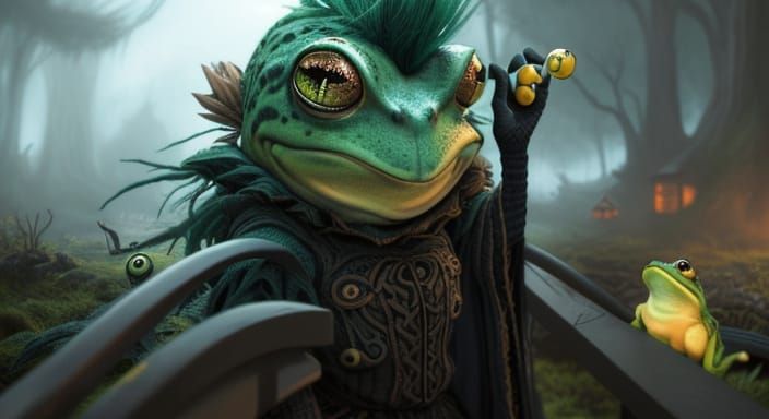 Surprised Frog with Green Mohawk in Fairytale Scene