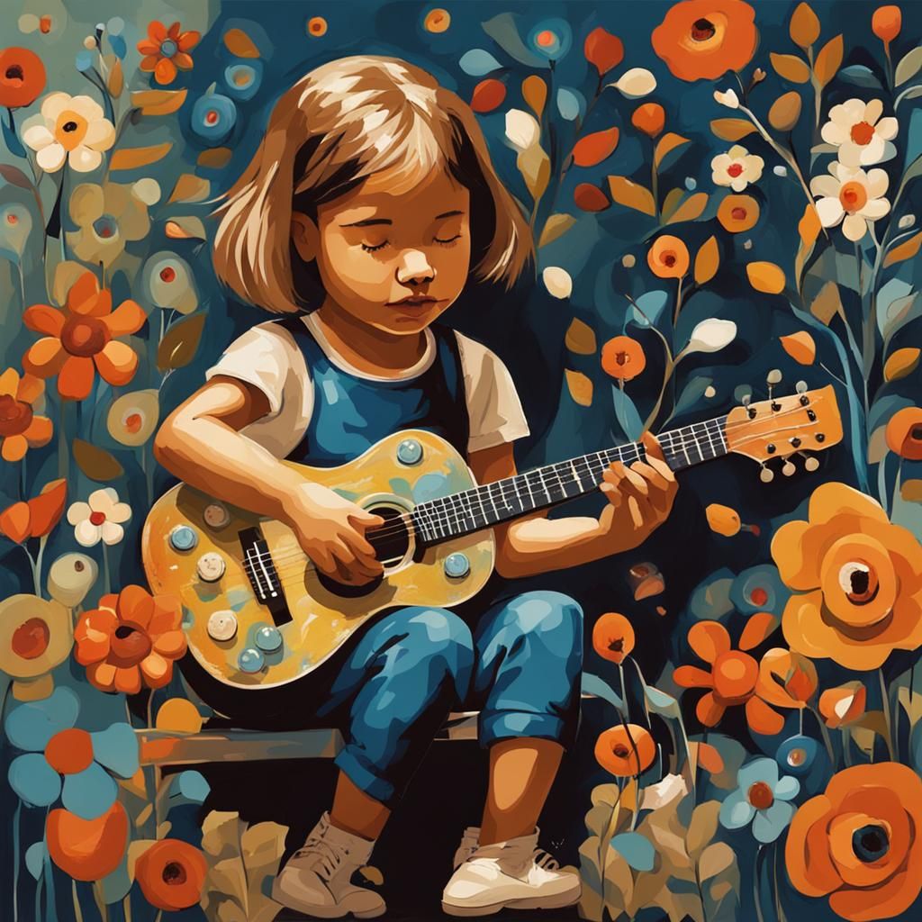 Girl with Puppy, Guitar, and Flowers in Abstract Art