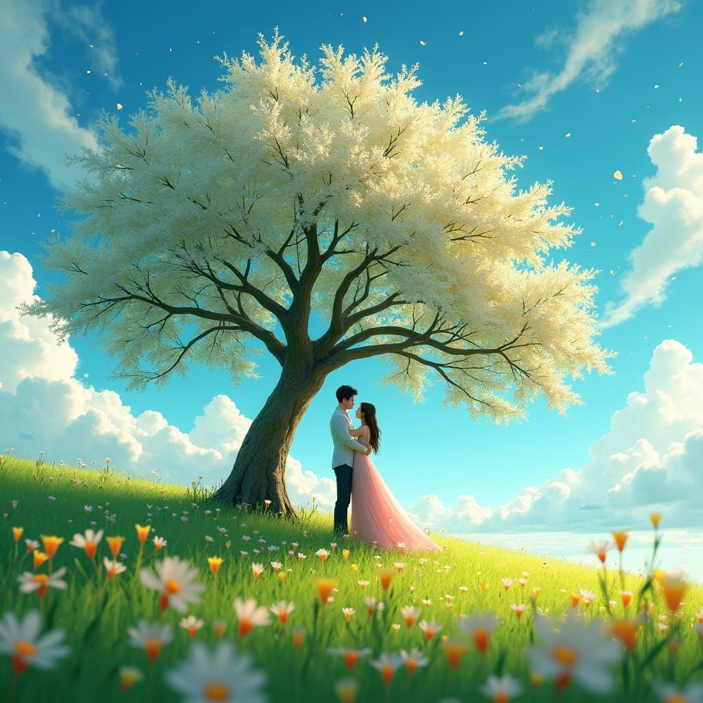 Romantic Couple in Meadow: Ethereal 3D Art