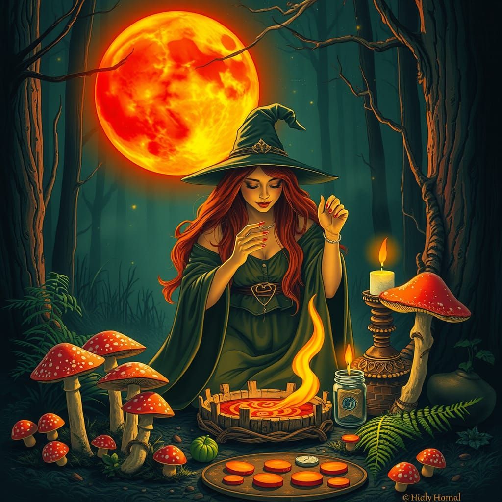 Blood Moon Witch Preparing Spell at Forest Altar