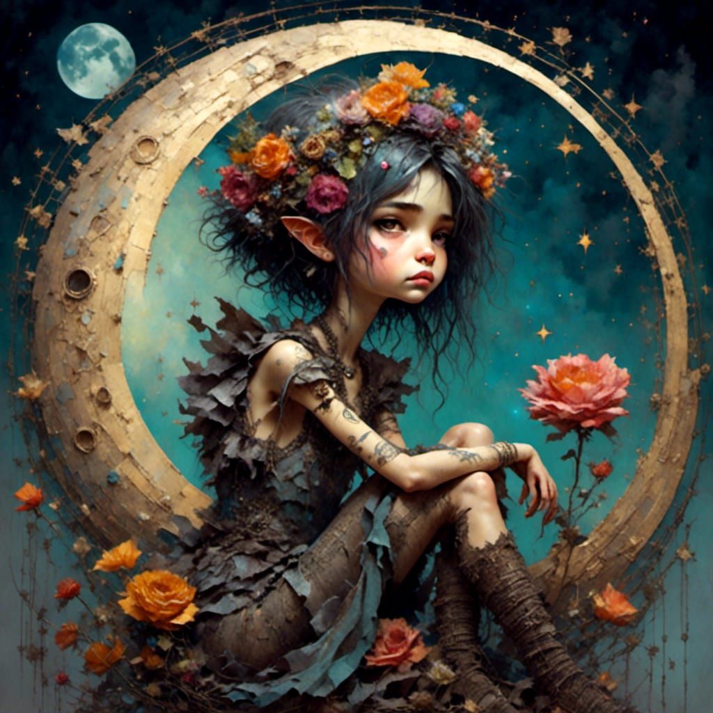 Whimsical Punky Pixie on Crescent Moon in Digital Art