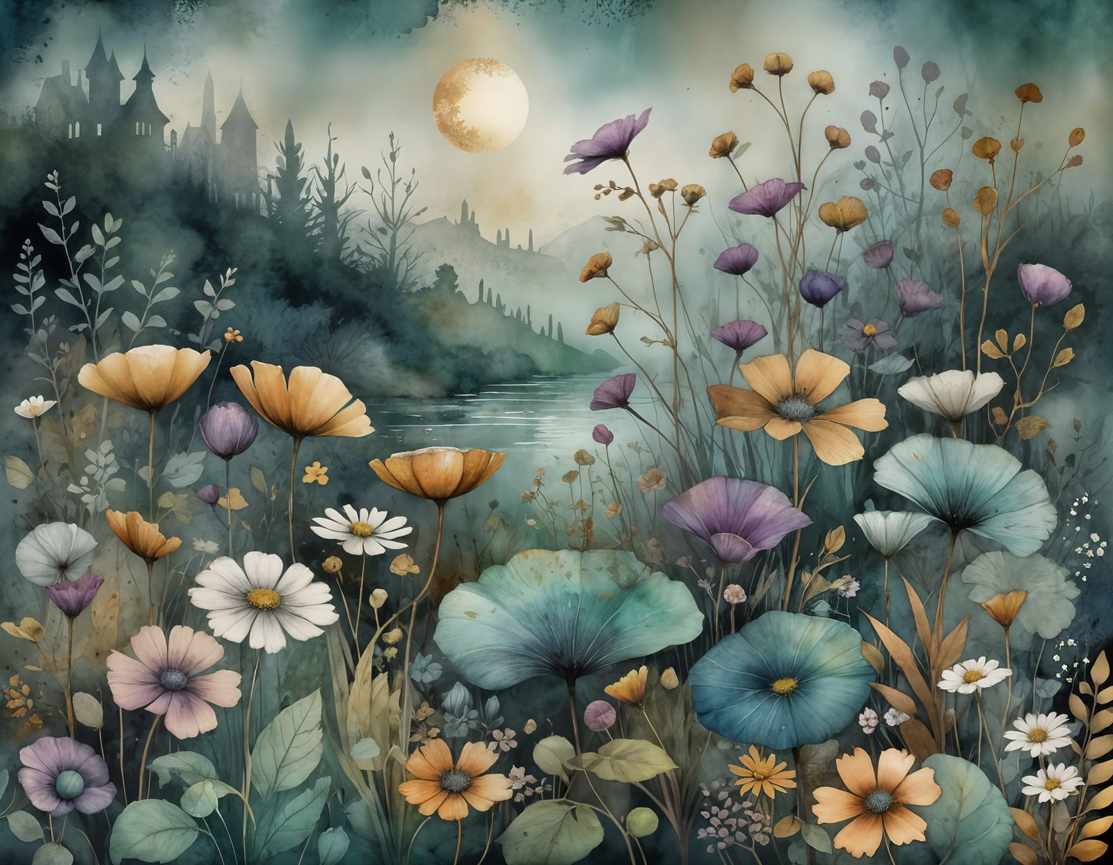 Misty Watercolor Garden Landscape in Gemstone Hues