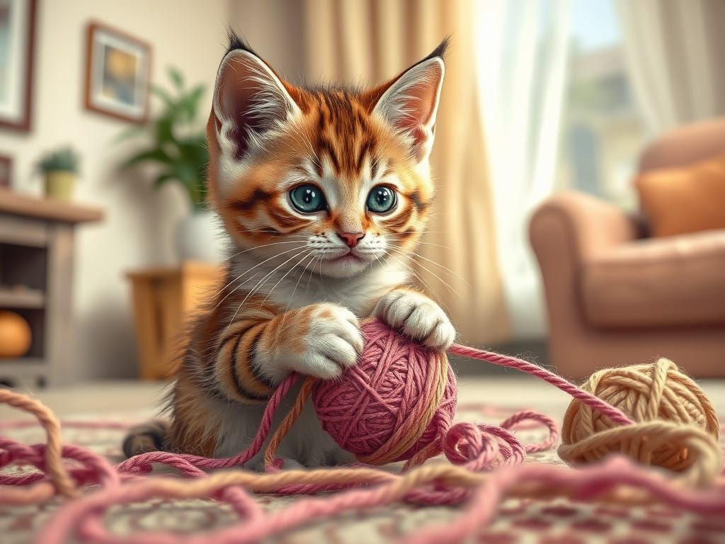 Realistic Kitten Playing with Yarn in a Vibrant Living Room